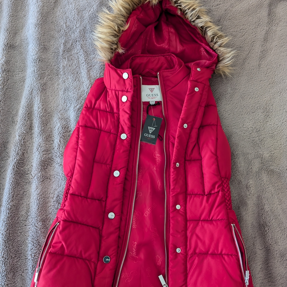 Guess Red Puffer Vest with Faux Fur Hood